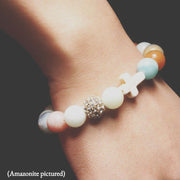 close-up of the Natural Stone ‘Thou Art With Me’ Amazonite on Model's Wrist