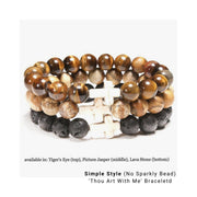 Photo of 3 Simple Style Natural Stone ‘Thou Art With Me’  with Ivory Cross Bead Bracelet - in Tiger's Eye Lava Stone and Picture Jasper