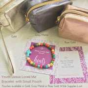 photo of the Colorful ' jesus loves me' Youth bead bracelet with black cross surrounded by zippered min-pouch options —Gold, Rose Gold, and Silver
