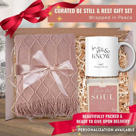 Be Still & Rest Gift Set | Blanket + Candle + Mug | Wrapped in Peace