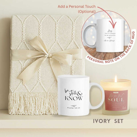 Be Still & Rest Gift Set | Blanket + Candle + Mug | Wrapped in Peace