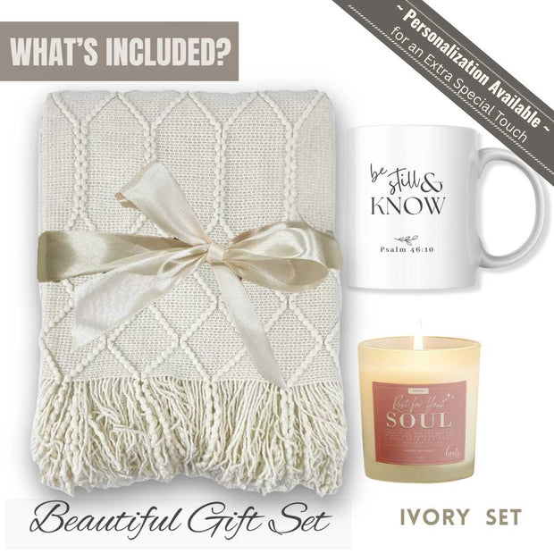 Be Still & Rest Gift Set | Blanket + Candle + Mug | Wrapped in Peace