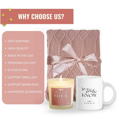Be Still & Rest Gift Set | Blanket + Candle + Mug | Wrapped in Peace