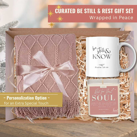 Be Still & Rest Gift Set | Blanket + Candle + Mug | Wrapped in Peace