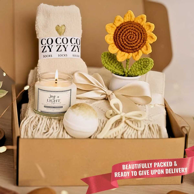 Joy Comes in the Morning Gift Set | Candle + Blanket + Sunflower | Light for a New Day