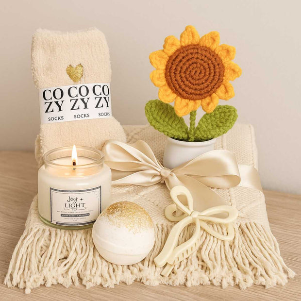 Joy Comes in the Morning Gift Set | Candle + Blanket + Sunflower | Light for a New Day