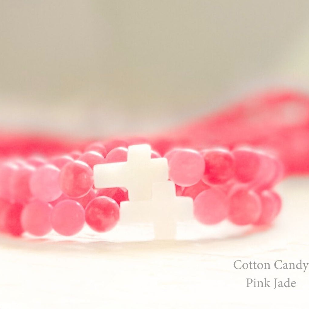Cotton Candy Pink & White Jade Cross Bracelet For Breast Cancer