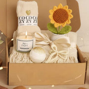 Joy Comes in the Morning Gift Set | Candle + Blanket + Sunflower | Light for a New Day