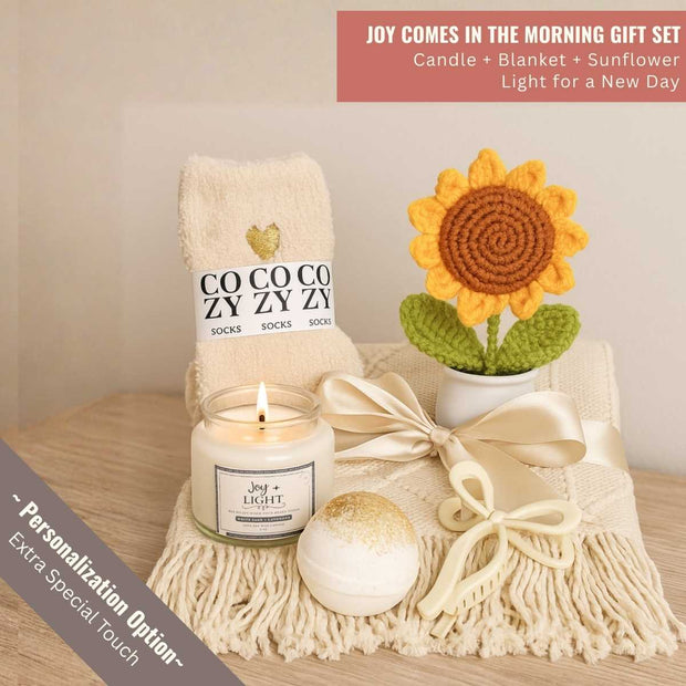 Joy Comes in the Morning Gift Set | Candle + Blanket + Sunflower | Light for a New Day