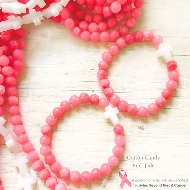 Cotton Candy Pink & White Jade Cross Bracelet