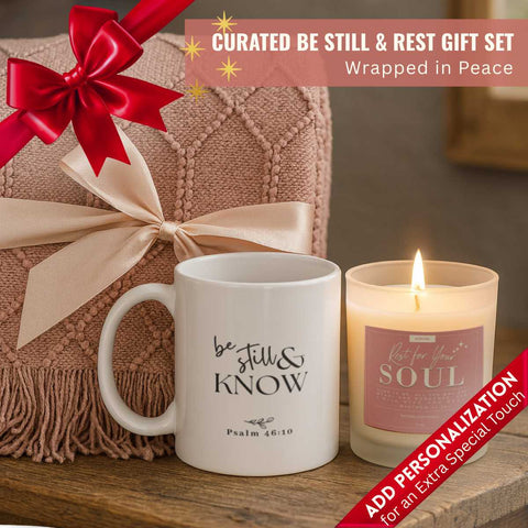 Be Still & Rest Gift Set | Blanket + Candle + Mug | Wrapped in Peace