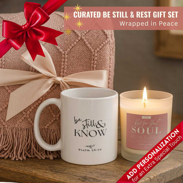 Be Still & Rest Gift Set | Blanket + Candle + Mug | Wrapped in Peace