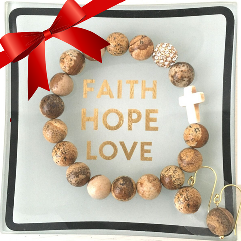 close-up of the Faith Hope & Love Gift set with jewelry tray, natural stone bead bracelet and matching earrings