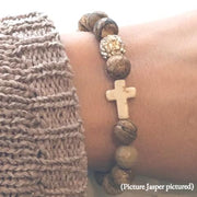 close-up of the Natural Stone ‘Thou Art With Me’ Brown Woodsy Picture Jasper on Model's Wrist