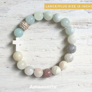 product top-view of the Natural Stone ‘Thou Art With Me’ Amazonite with Ivory Cross Bead Bracelet - Orignal style that has a sparkly pave ball - Plus size 8-inch