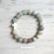 product top-view of the Natural Stone ‘Thou Art With Me’ Amazonite with Ivory Cross Bead Bracelet - Orignal style that has a sparkly pave ball