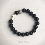 product top-view of the Natural Stone ‘Thou Art With Me’ Black Agate with Ivory Cross Bead Bracelet