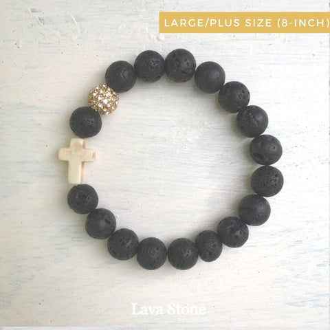 product top-view of the Natural Stone ‘Thou Art With Me’ Lava Stone with Ivory Cross Bead Bracelet - Orignal style that has a sparkly pave ball - Plus size 8-inch