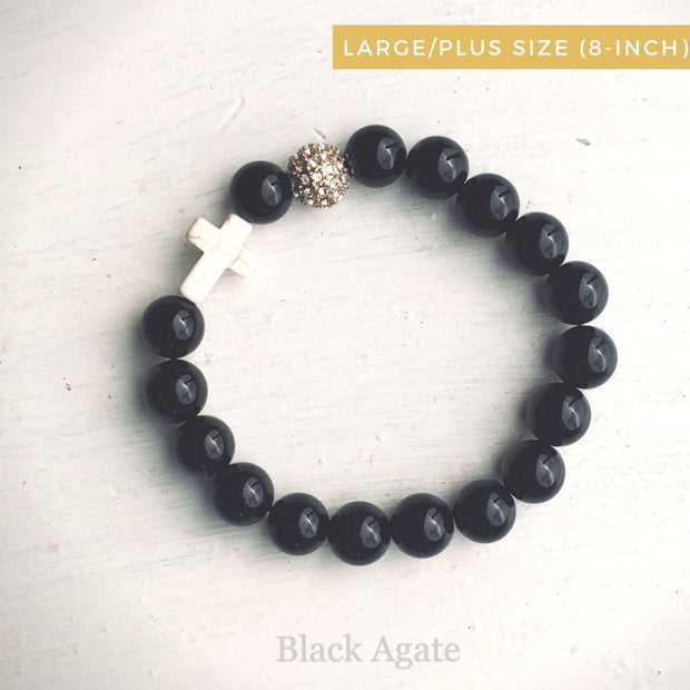 product top-view of the Natural Stone ‘Thou Art With Me’ Black Agate with Ivory Cross Bead Bracelet - Plus size 8-inch
