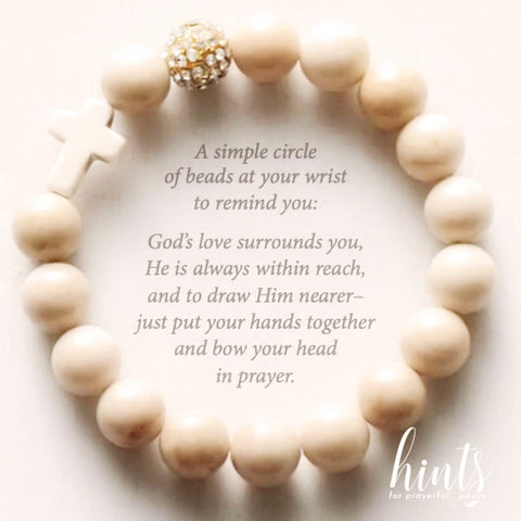 image of the back of the ‘Thou Art With Me’ scripture card that has the white fossil style bracelet depicted