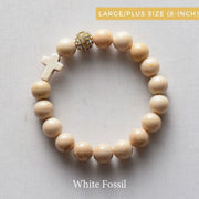 product top-view of the the ‘Thou Art With Me’ White Fossil  with Ivory Cross Bead Bracelet-Plus size-8-inch