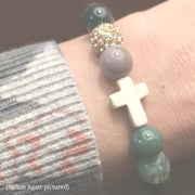 photo of the Natural Stone ‘Thou Art With Me’ Indian Agate with Ivory Cross Bead Bracelet on model's wrist