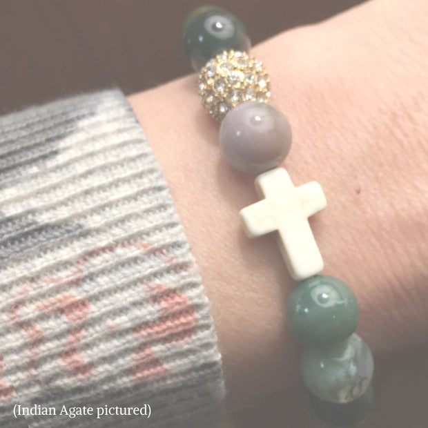 photo of the Natural Stone ‘Thou Art With Me’ Indian Agate with Ivory Cross Bead Bracelet on model&
