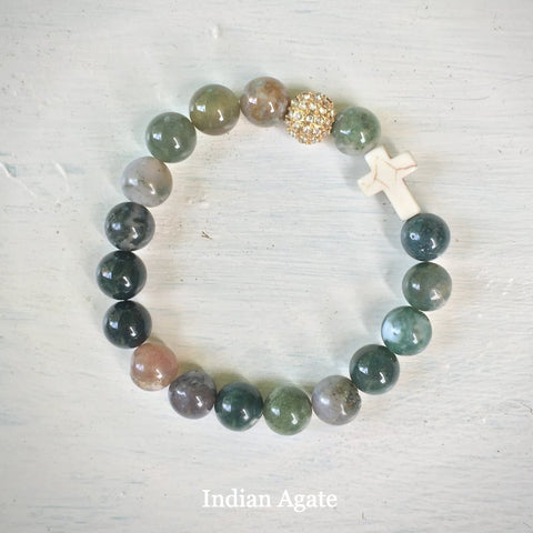 product top-view of the Natural Stone ‘Thou Art With Me’ Indian Agate with Ivory Cross Bead Bracelet