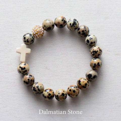 product top-view of ‘Thou Art With Me’ Dalmatian Stone with Ivory Cross Bead Bracelet