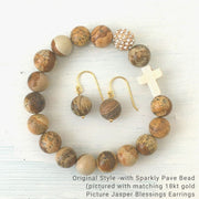 product top-view of Best-selling Natural Stone ‘Thou Art With Me’ Picture Jasper with Ivory Cross Bead Bracelet - Orignal style that has a sparkly pave ball and Matching Blessing Earrings