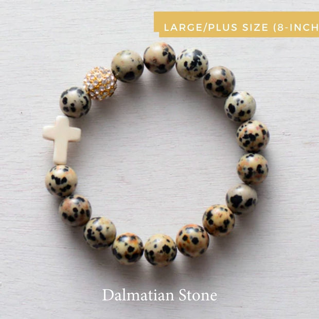 product top-view of ‘Thou Art With Me’ Dalmatian Stone with Ivory Cross Bead Bracelet-Plus sixe-8-inch