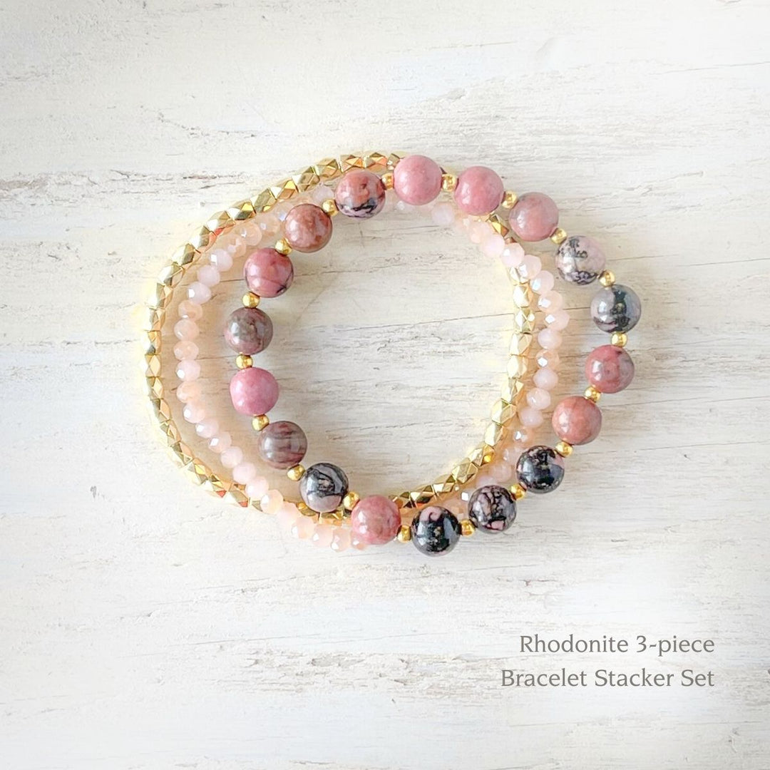 Pink Rhodonite / Rose Quartz / Champagne Topaz / Sterling Silver 3-Strand Bracelet, shops Lobster Claw, Adjustable, 7