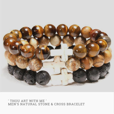 photo of the Mens 'Thou Art With Me' Natural Stone Bead Cross Bracelets Stacked together - Tiger Eye Picture Jasper and Lava Stone