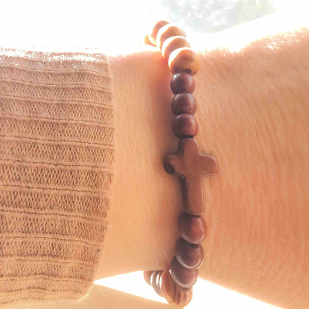 "Not my will, but Thine" Olive Wood Bead Cross Bracelets (Set of 2)