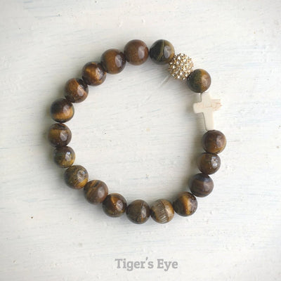product top-view of the Natural Stone ‘Thou Art With Me’ Tiger's Eye with Ivory Cross Bead Bracelet - Orignal style that has a sparkly pave ball