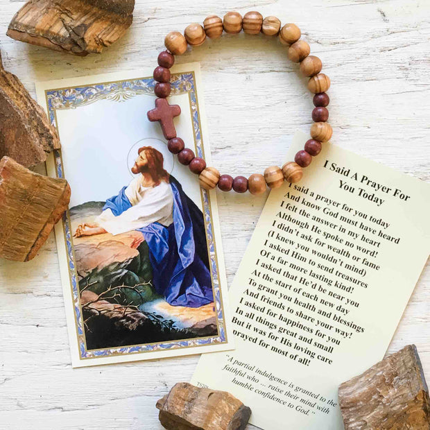 "Not my will, but Thine" Olive Wood Bead Cross Bracelets (Set of 2)