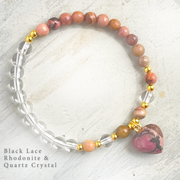 'His Great Love' Black Lace Rhodonite Natural Stone with Heart Charm Bracelets