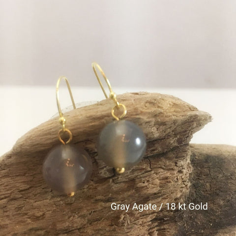 close-up of the  Natural Stone Blessing Earrings—Gray Agate bead and Sterling Silver Hook plated in 18k gold