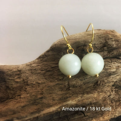 close-up of the Natural Stone Blessing Earrings—Amazonite bead and Sterling Silver Hook plated in 18k gold