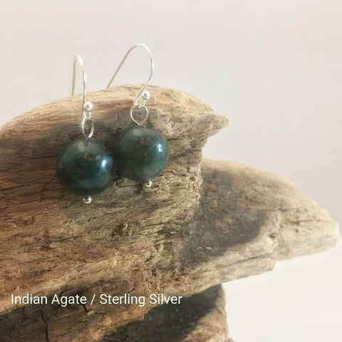 close-up of the Natural Stone Blessing Earrings—Indian Agate bead and Sterling Silver Hook