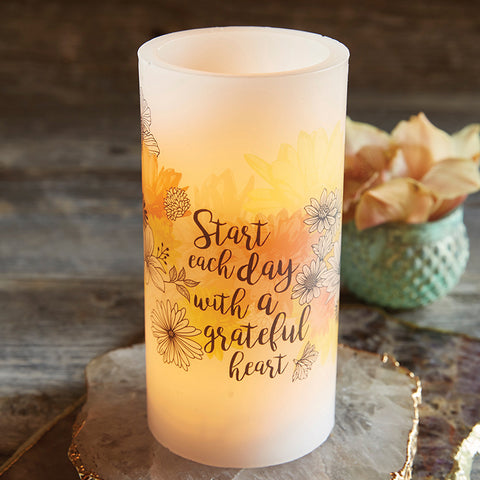 Front view of the LED Candle with Scripture Verse Start your day with a grateful heart surrounded by decor